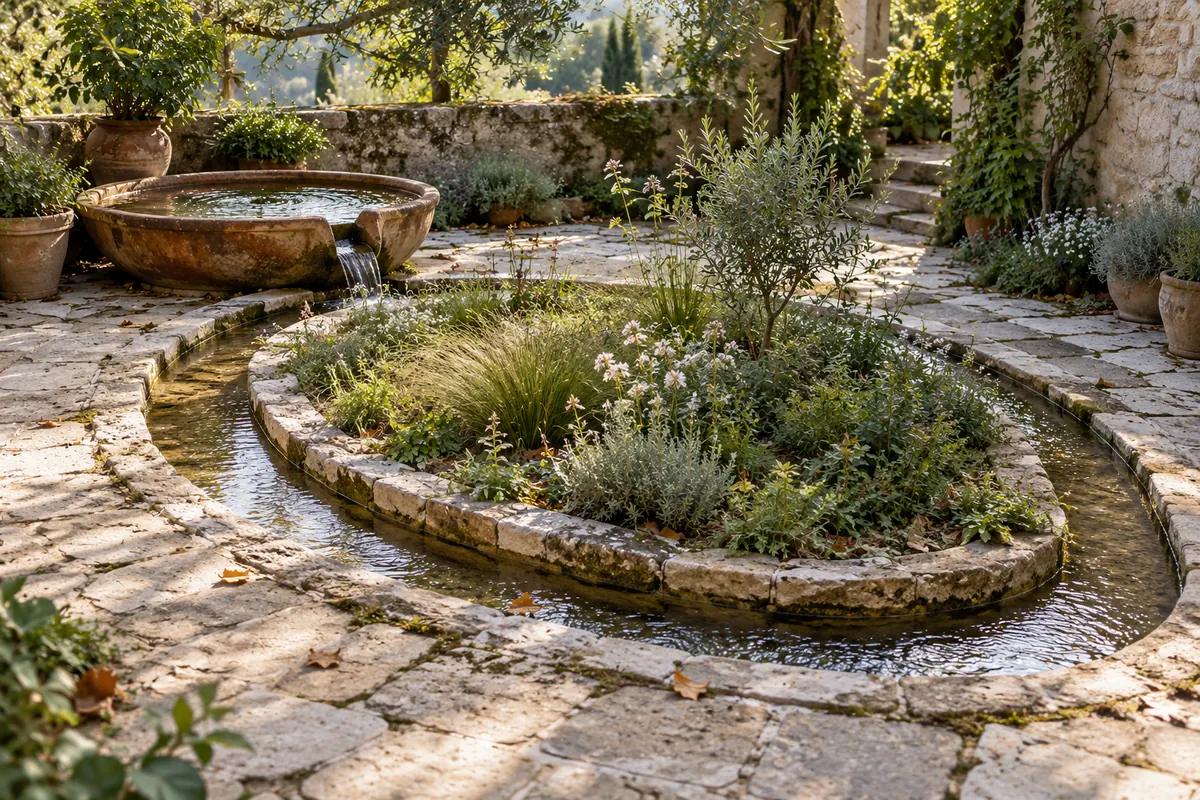 Een ondiepe waterloop omringt kruiden en bloemen in een stenen binnentuin, naast een grote aardewerken schaal waaruit water stroomt.