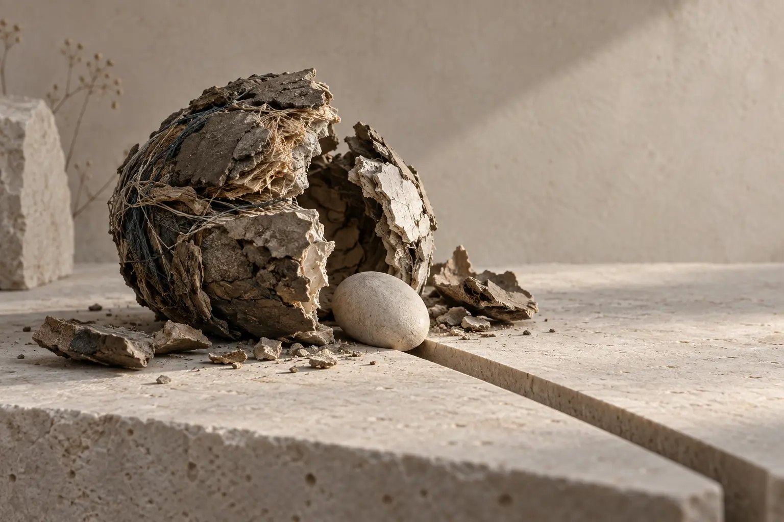 Een kleine lichte steen ligt naast een opengebarsten bol van donkere lagen, aan het begin van een smalle uitsparing in bleke steen.