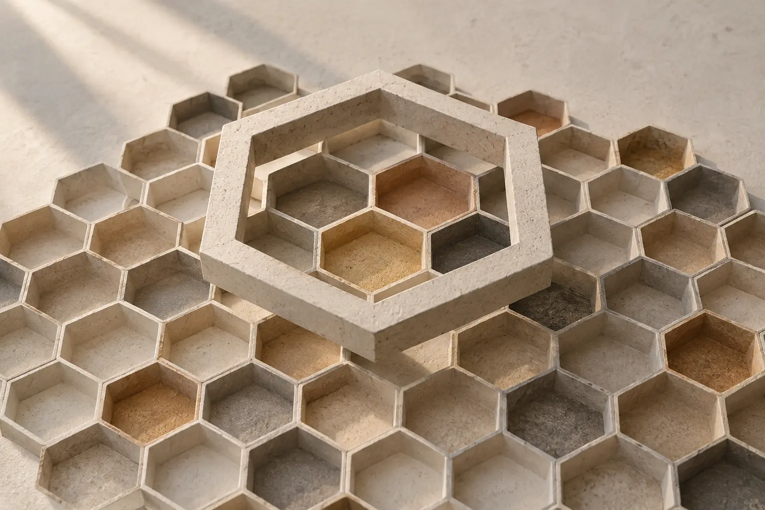Een grote hexagonale vorm zweeft boven een honingraat van kleinere cellen en omvat meerdere cellen tegelijk.