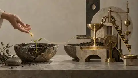 Een hand laat een zaadje vallen boven een stenen schaal met aarde en een jonge plant; een dunne lichtlijn verbindt de schaal met een complexe machine van steen en messing.