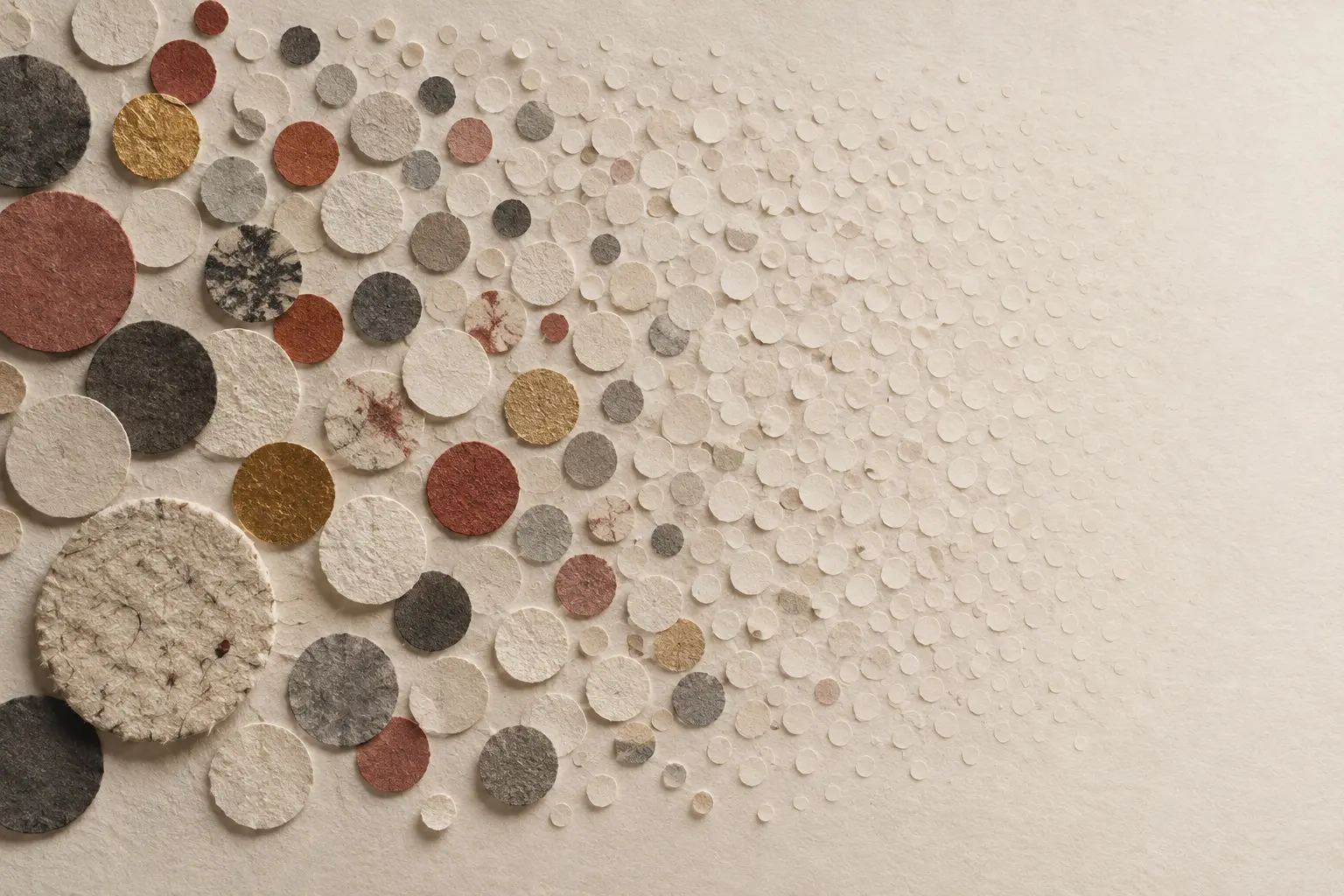 Gekleurde handgemaakte papieren cirkels vermenigvuldigen zich tot een dicht bleek patroon dat in leeg papier verdwijnt.