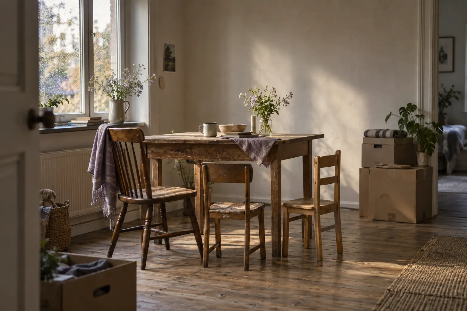 Een grote en twee kleine houten stoelen staan rond een eenvoudige tafel in een warm verlichte, deels onuitgepakte kamer.
